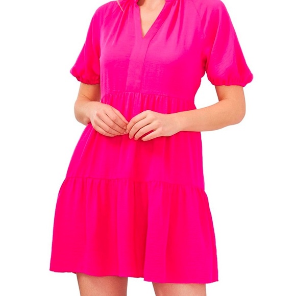 Ruffle Mock V-Neck Short Puffed Sleeve Tiered Mini Dress. Size Medium - Picture 1 of 3